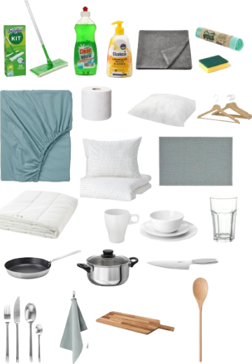 All-In-One Essentials Starter-Kit move-in ready kitchen, bedroom, cleaning and bathroom items